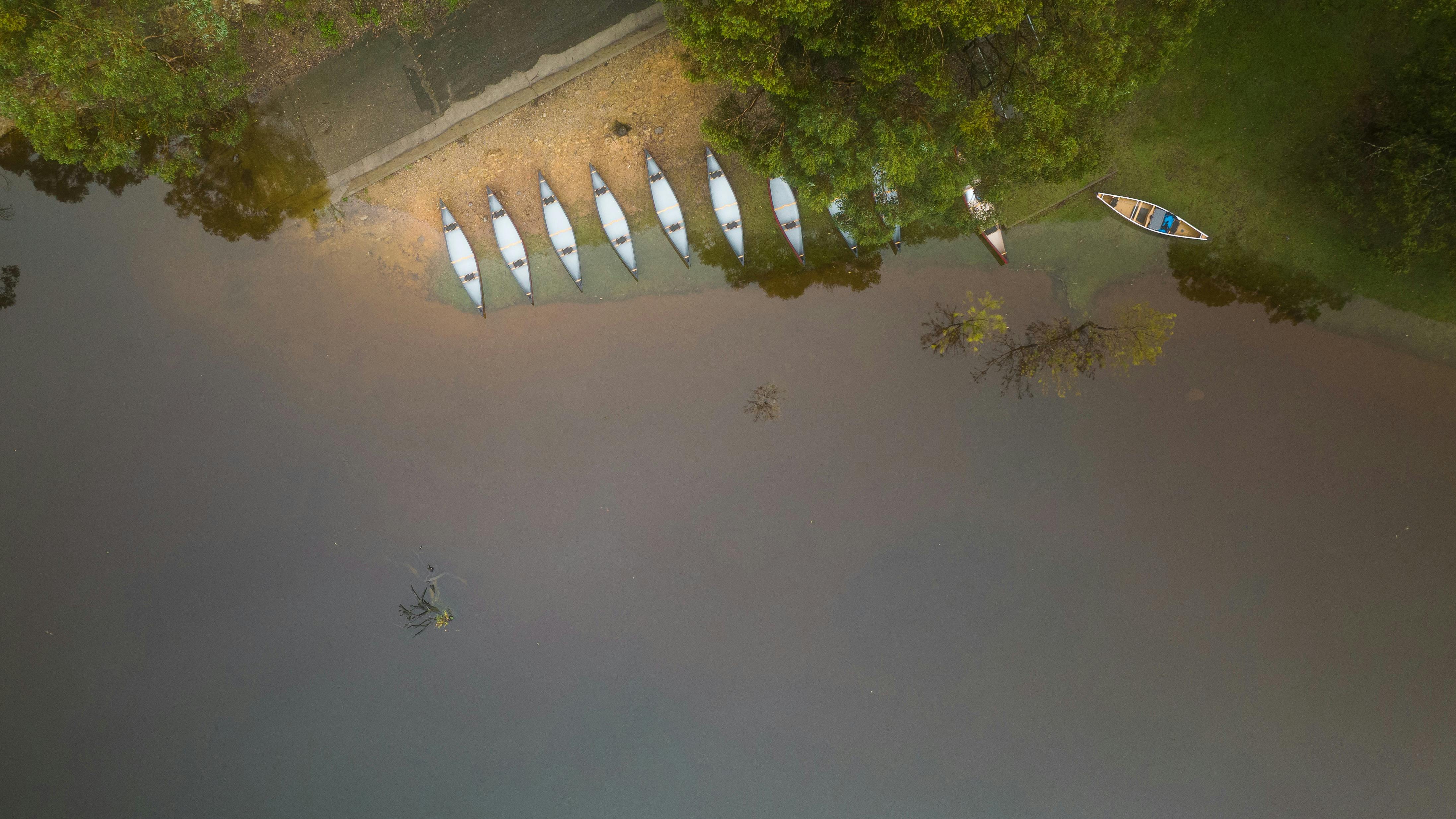 an aerial photo of a fleet of canoes on shore