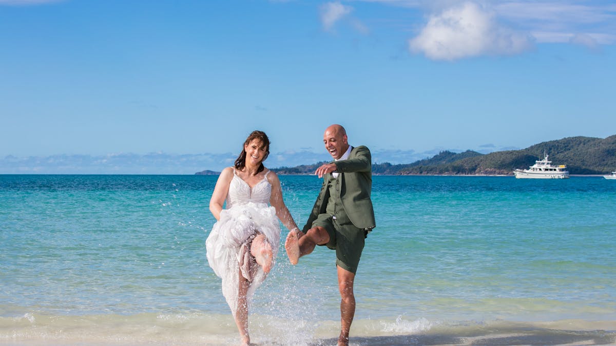 Married Couple Celebrate Happy Whitehaven Beach Just Married