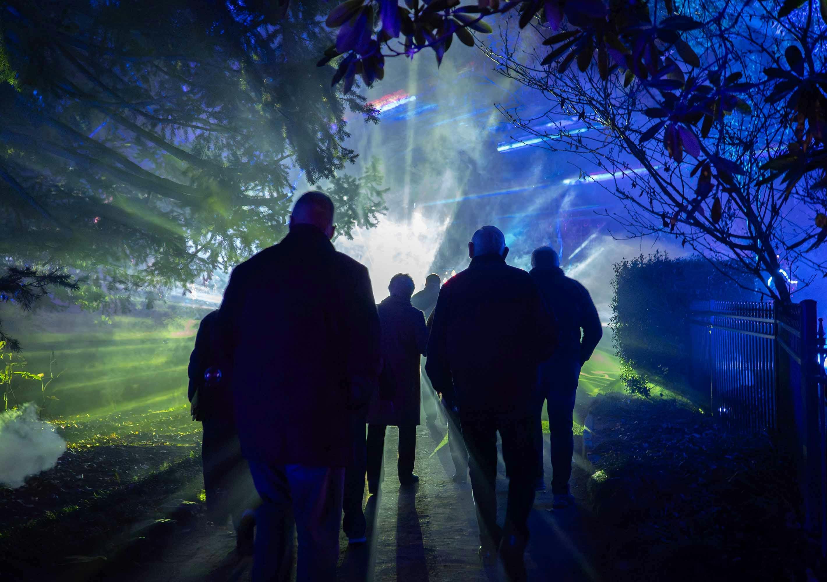Visitors are enveloped by blue and green 3D shapes