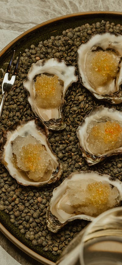 sydney rock oyster, yuzu granita, finger lime