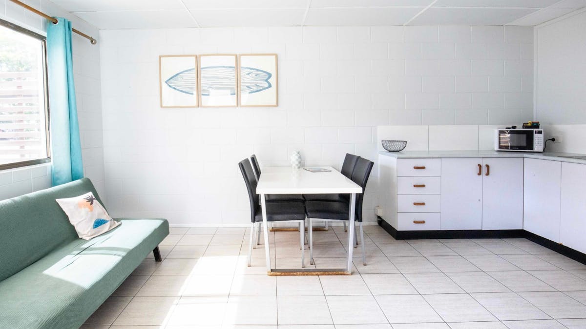 Inside Hotel Room, Lounge, Dining and Kitchenettte Area at Dingo Beach Hotel