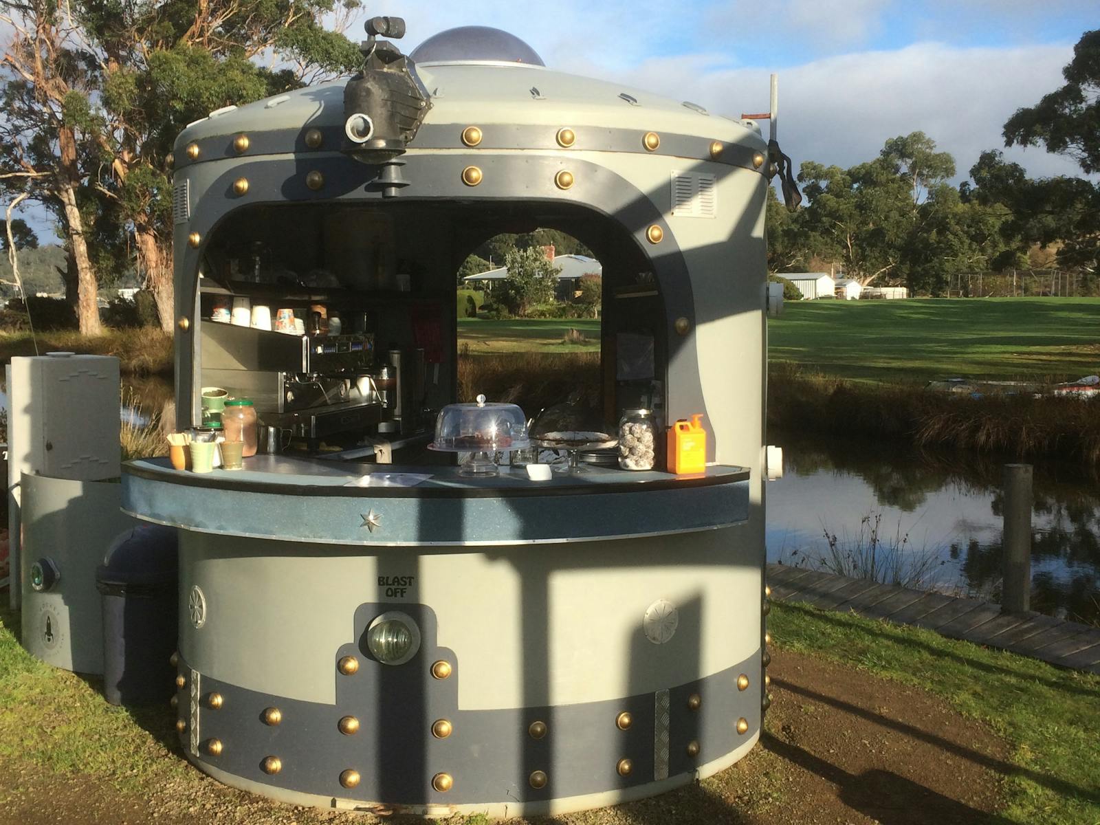Picture of a pop-up cafe styled to look a little bit like a retro rocket