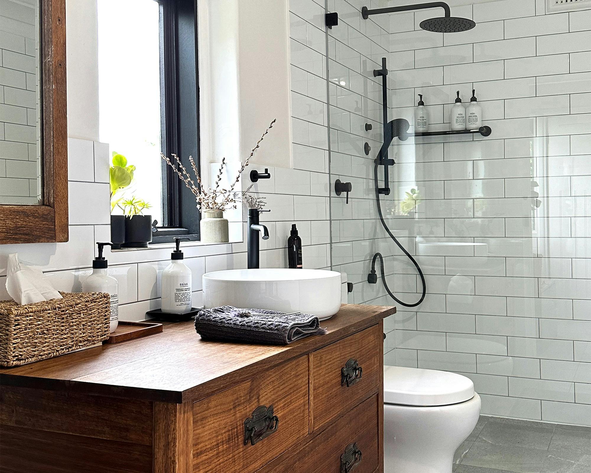 Renovated bathroom with walk in shower and luxury Salus products