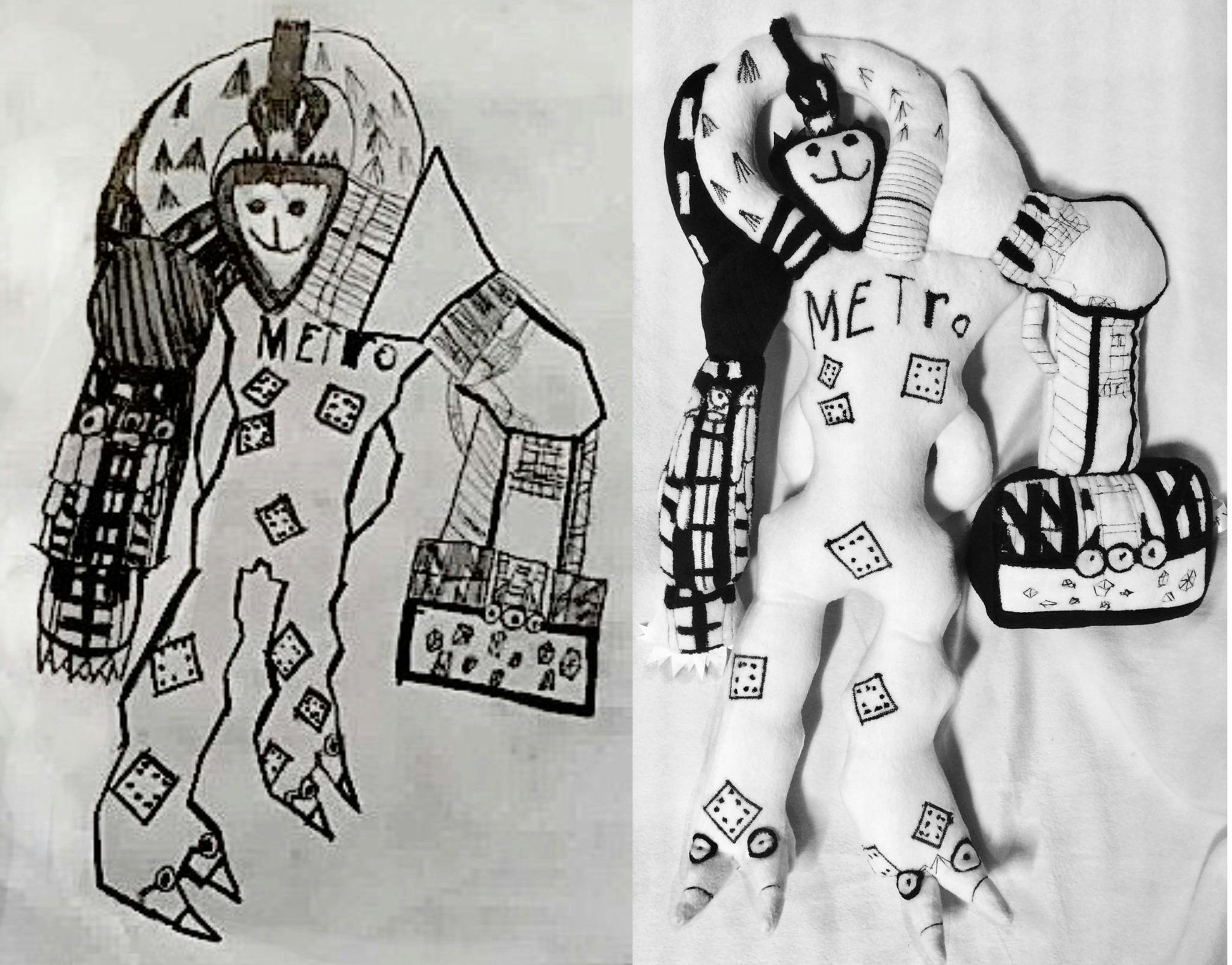 Child's drawing of Metroman character next to soft sculpture of drawing