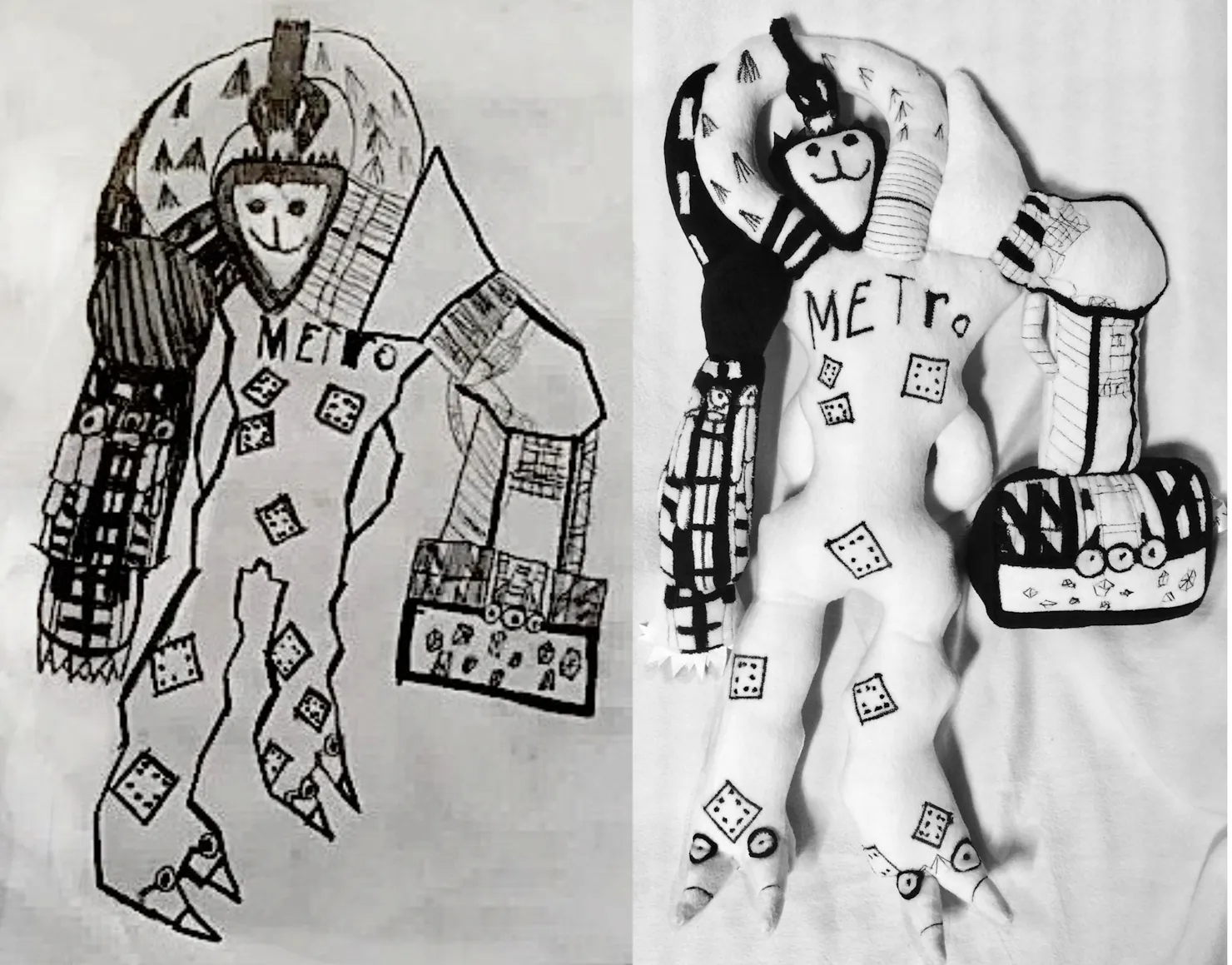 Child's drawing of Metroman character next to soft sculpture of drawing