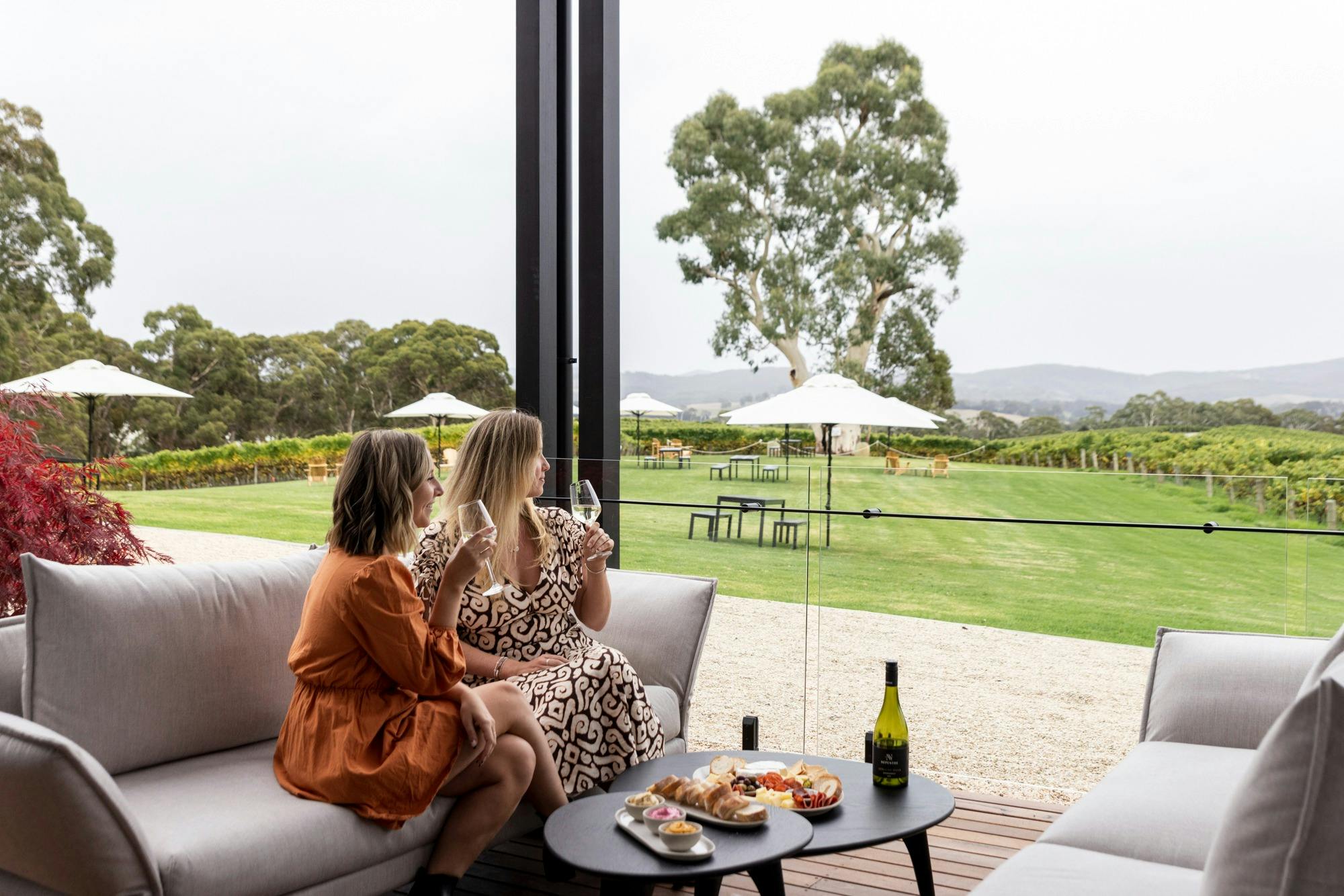 women enjoying cheese board and wine on expansive deck