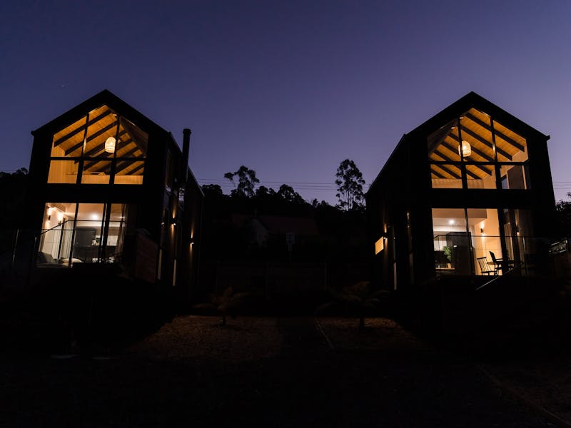 Our two loft cabins feature a striking design which looks beautiful at night