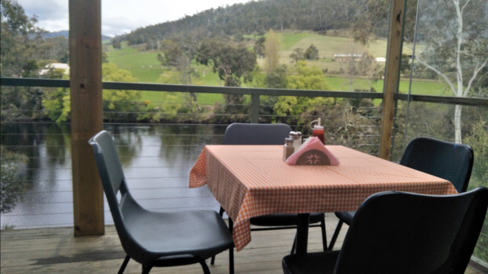 The Deck of the Judbury Community Center overlooking the mighty Huon River. Judbury Market.