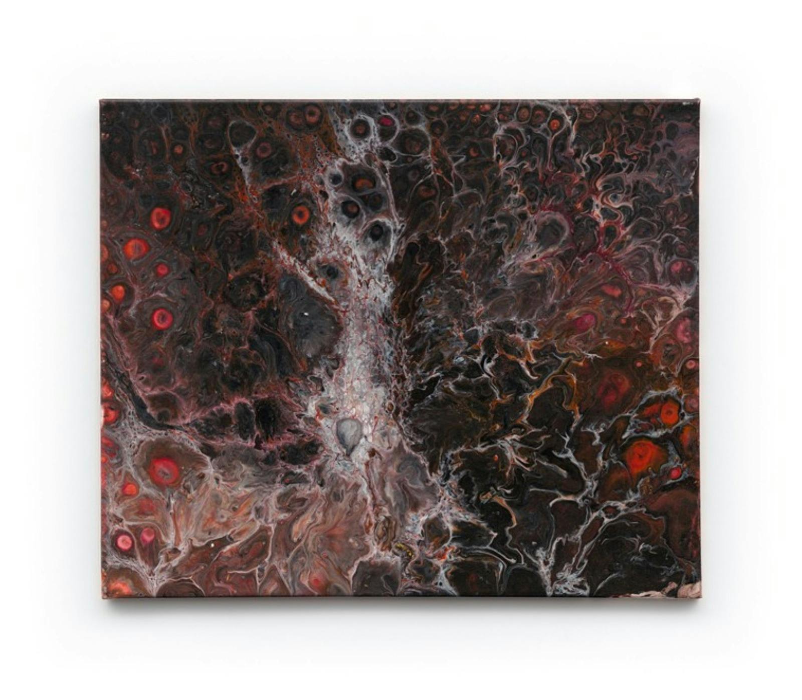 This paint pouting picture is foamy with reds, greys, whites and browns.