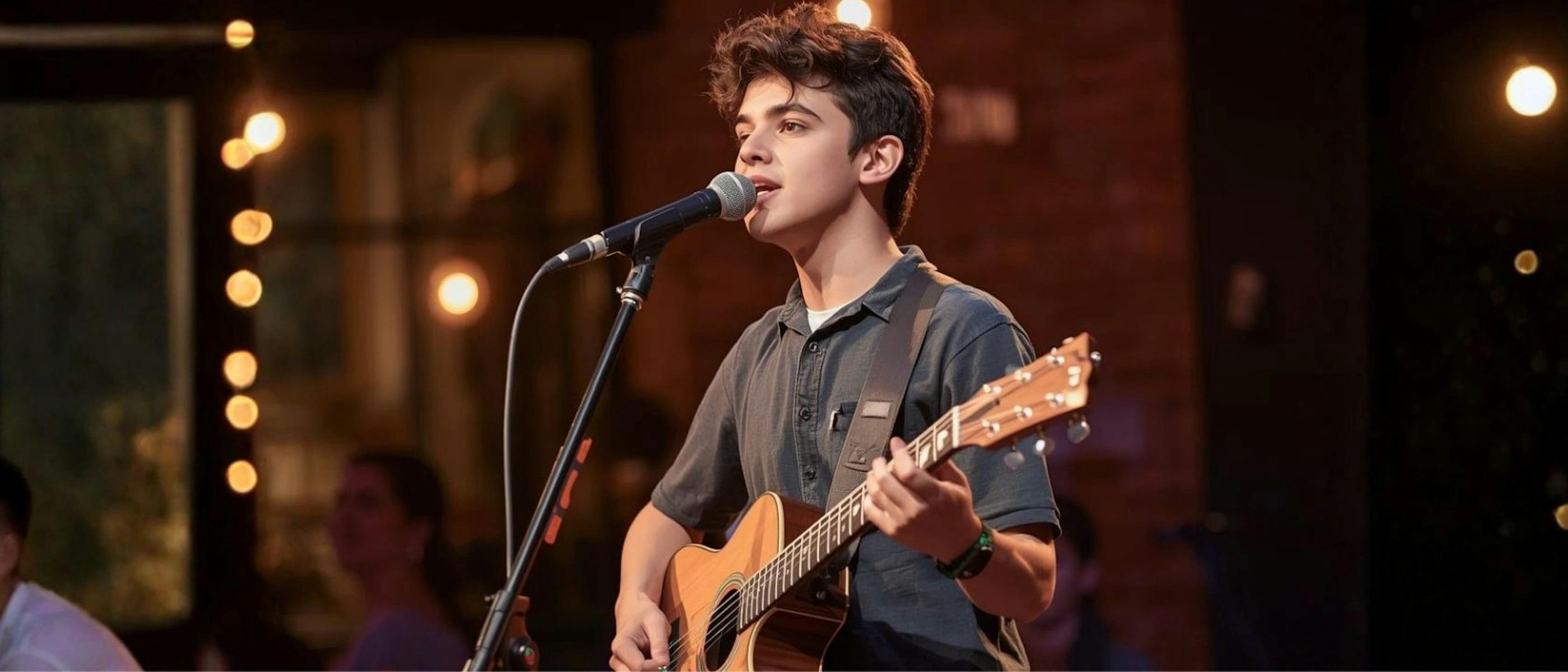 A young man stands in front of a microphone, holding a guitar