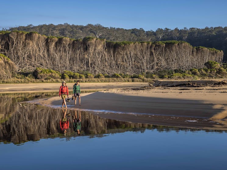 A couple walking along the reflective waters of a tea tree lined lagoon on the Wharf to Wharf Walk