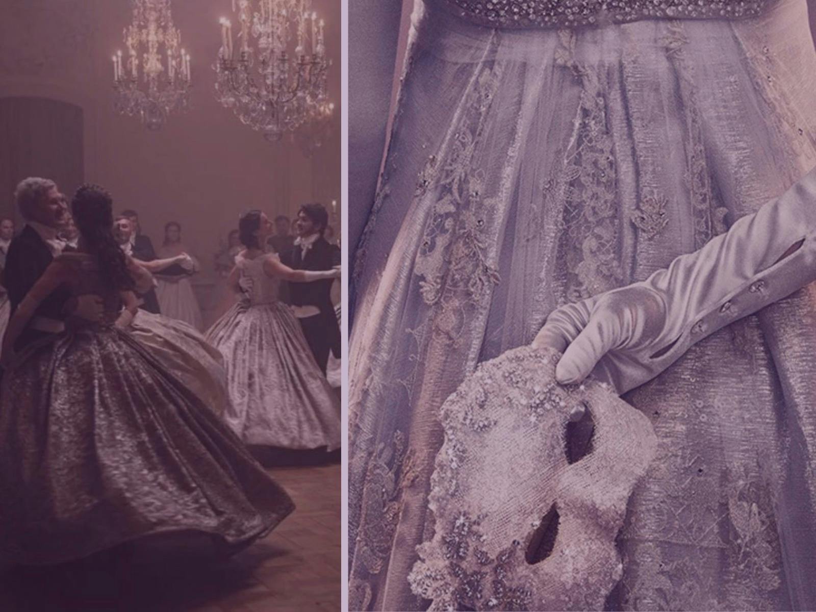 regency ball, couples dancing and a lady in silver holding a masquerade mask