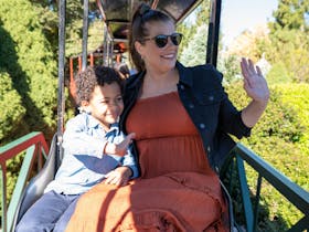 A mother and son ride a steam train and wave to others