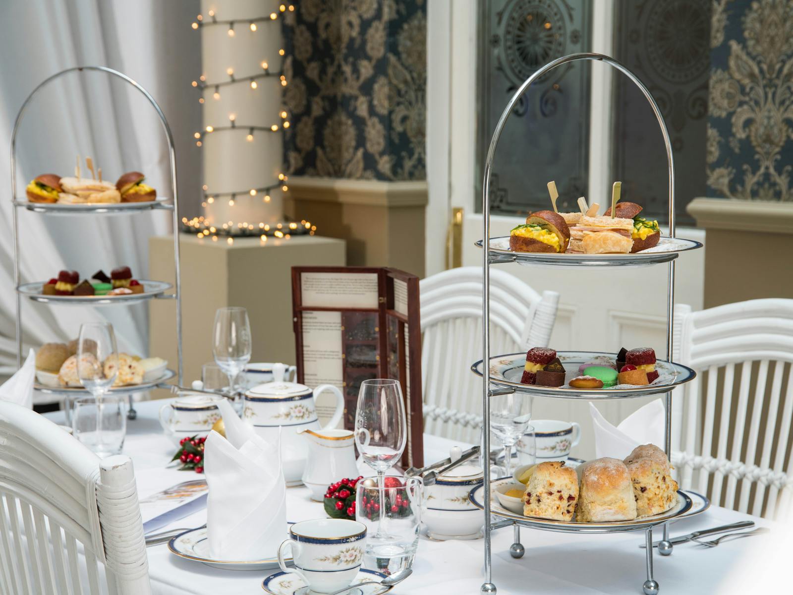 Afternoon Tea at Hadley's. Two tiers of scones, sandwiches and sweet treats served in the Atrium.
