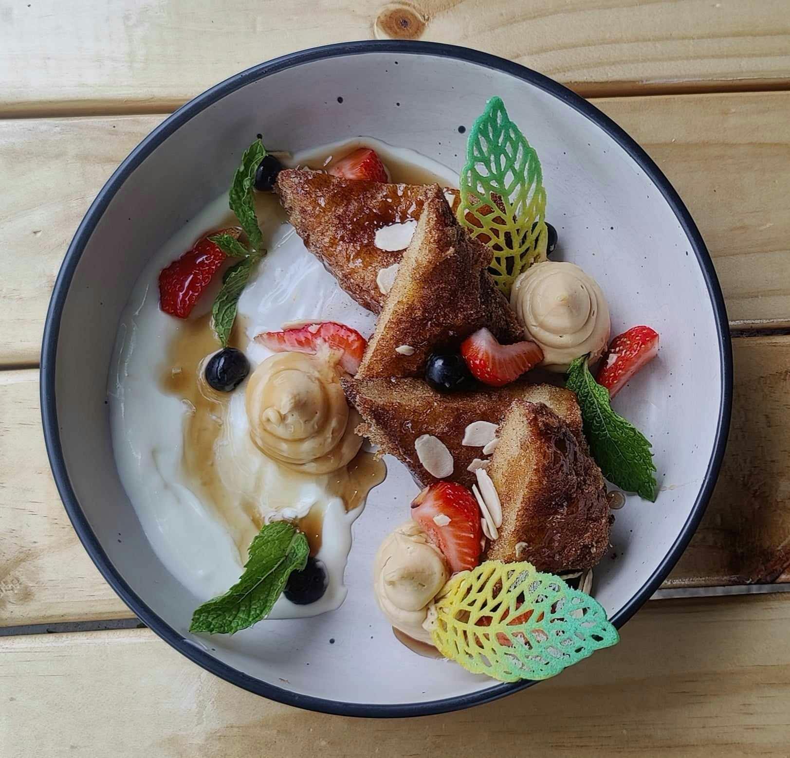 Light & fluffy French toast, salted caramel mascarpone, citrus yoghurt, seasonal fruits