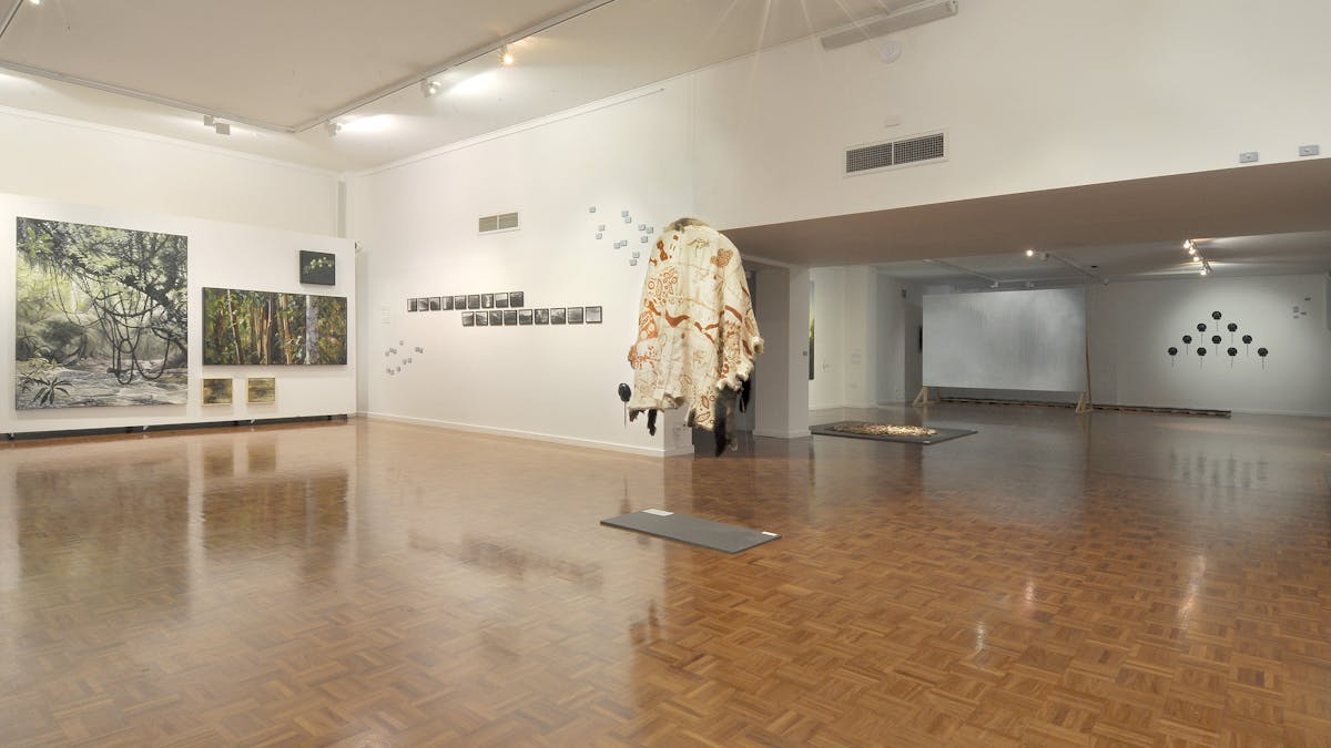 Open gallery space with indigenous animal skin cape hanging from ceiling and forest scene paintings
