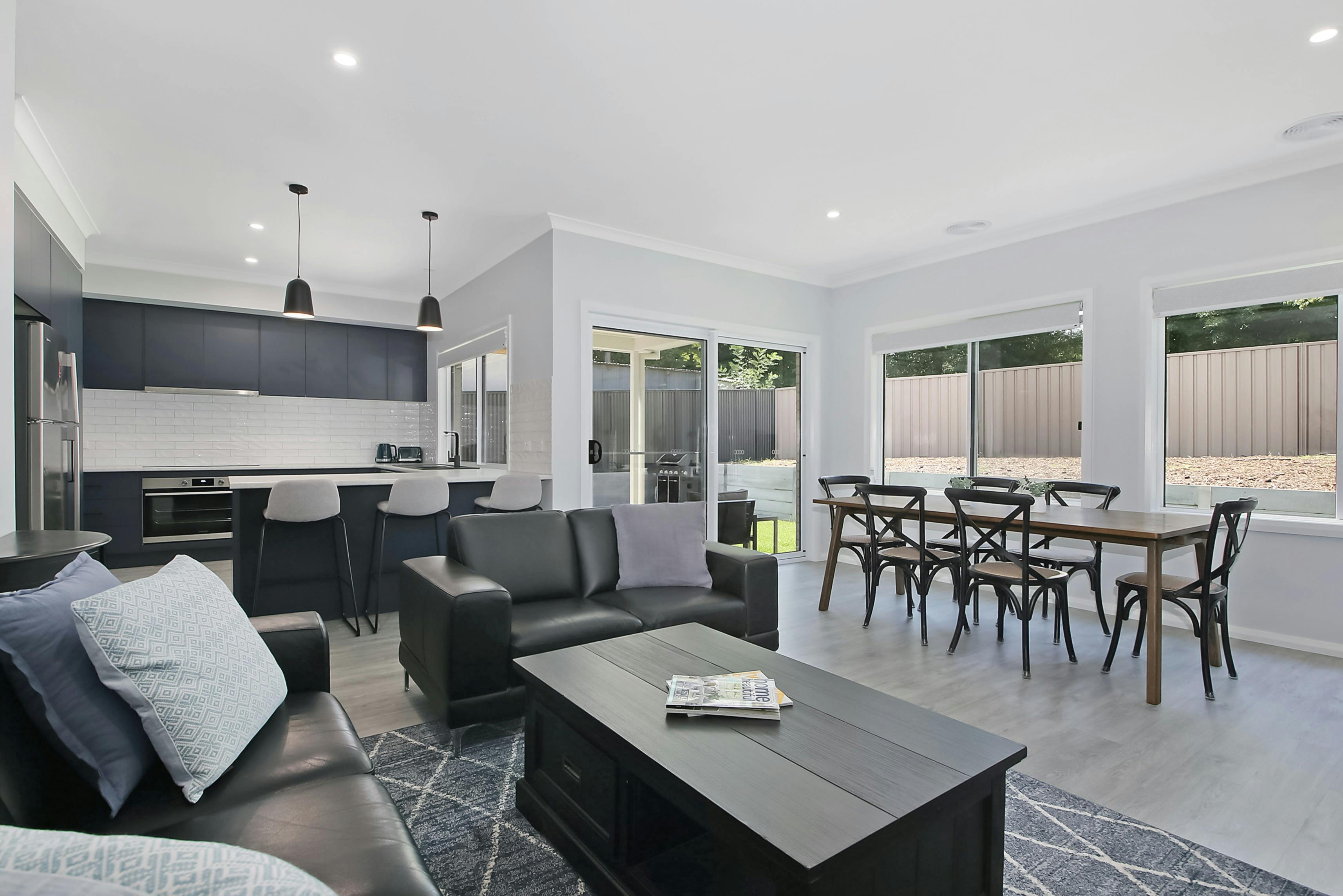 kitchen, living and dining