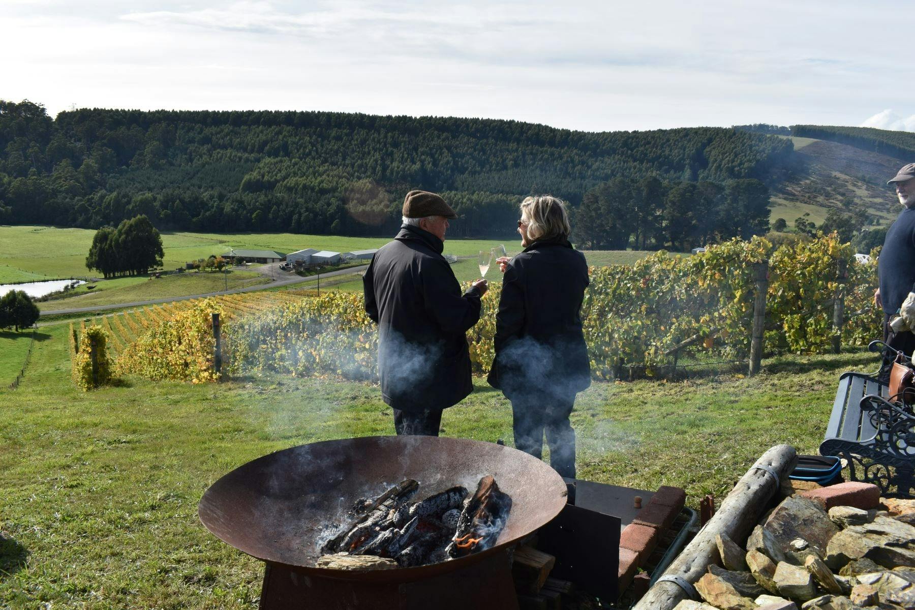 a couple standing in vineyard with glasses of sparkling wine