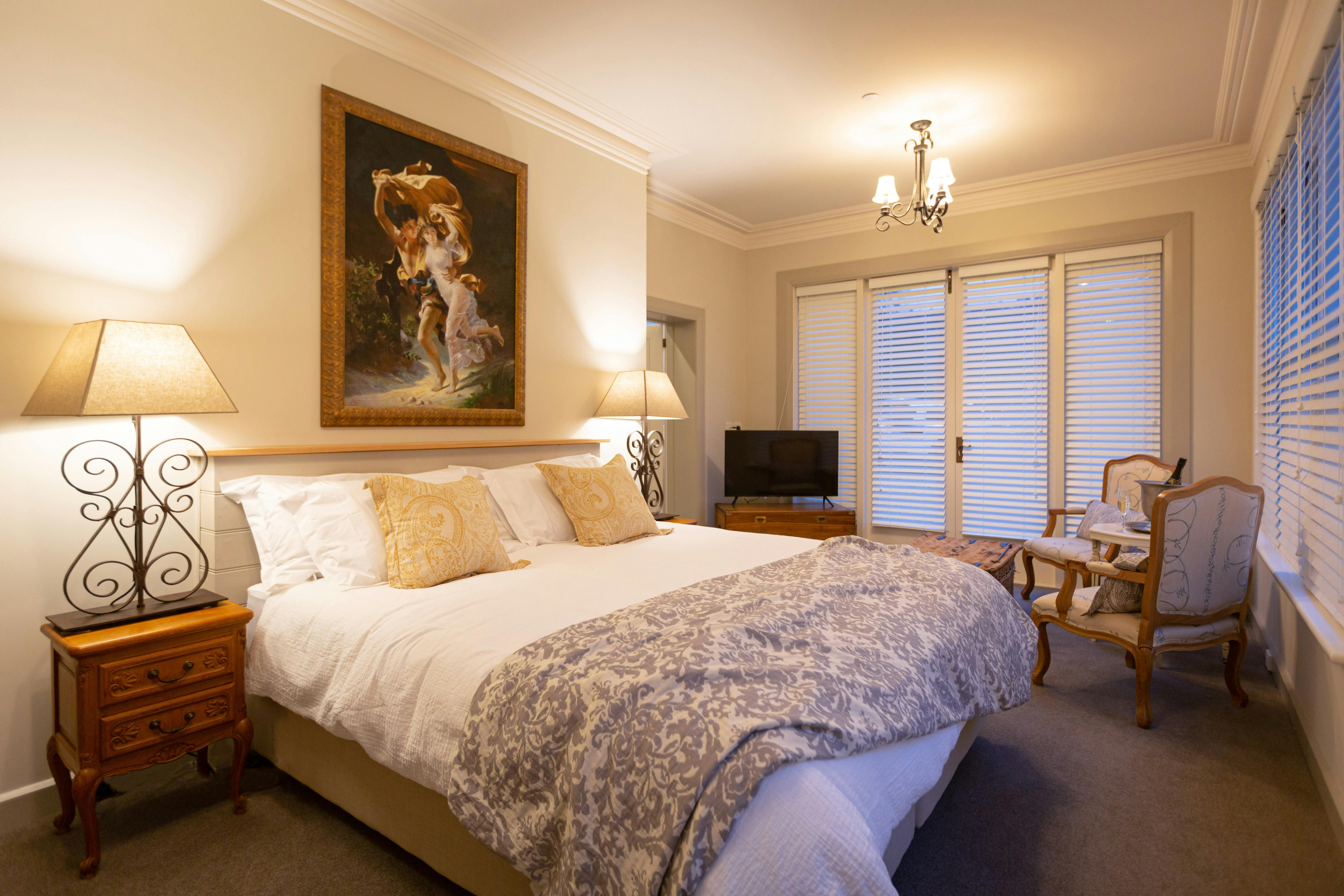 Adorned with bespoke furnishings, plush linen.