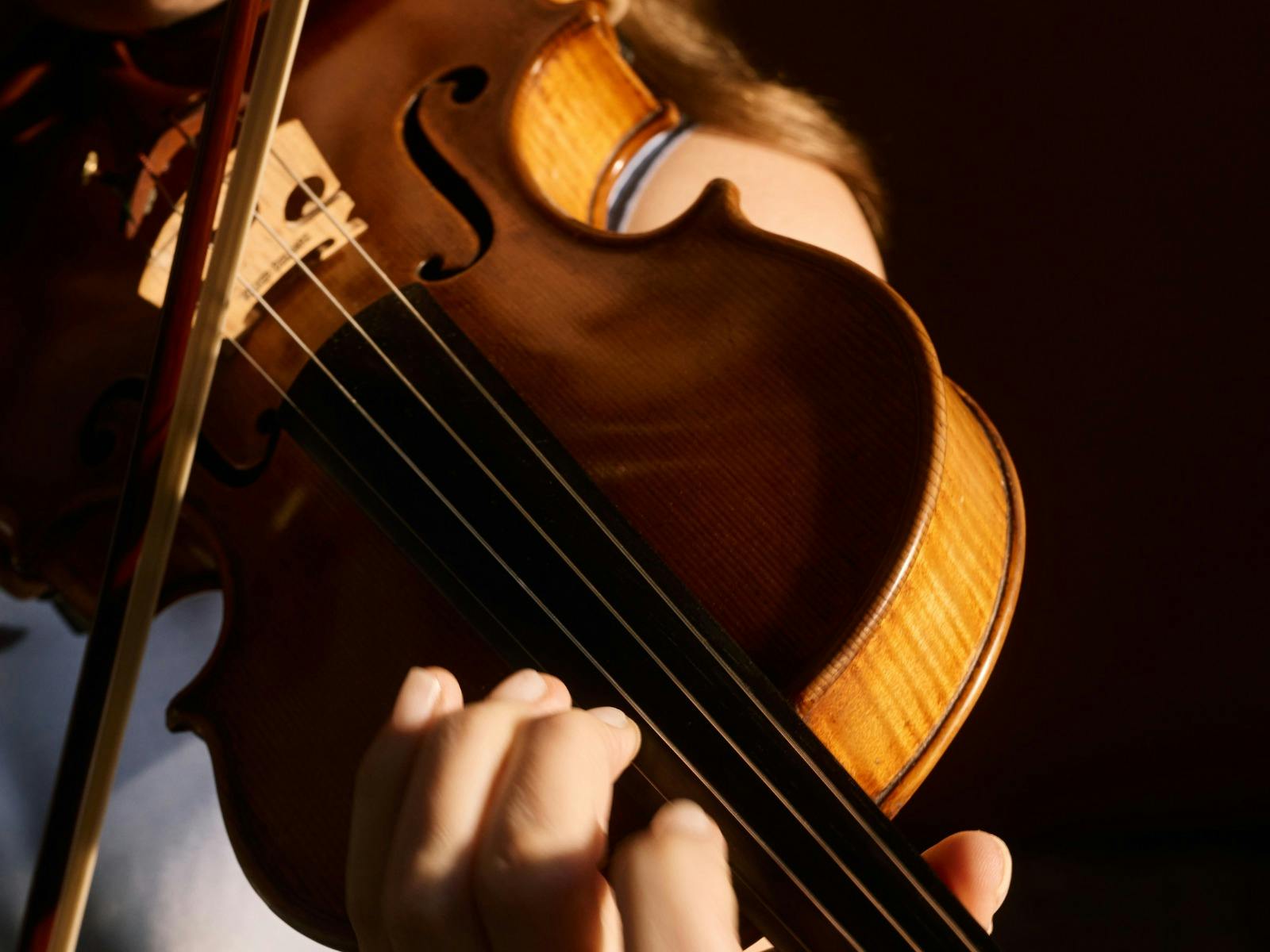 A close up photo of a violin.