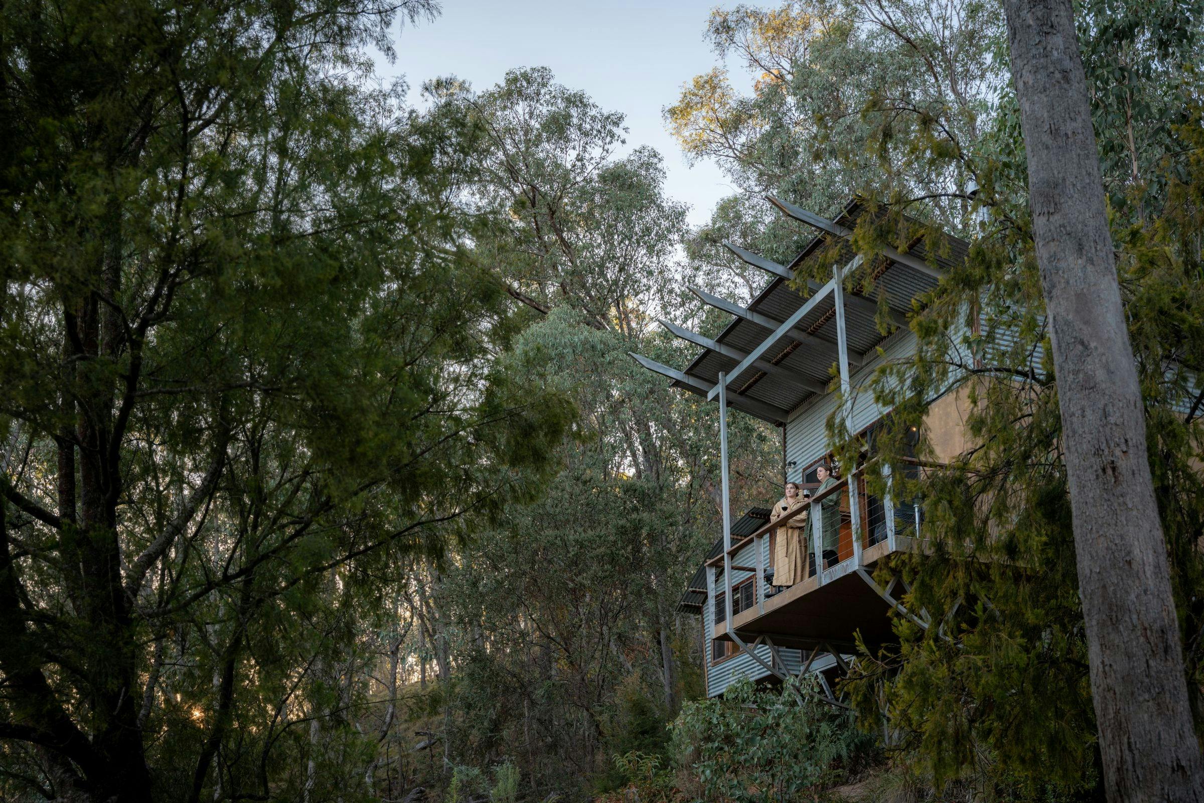 Couple standing on Treehouse 2 balcony with surrounding bushland and valley views