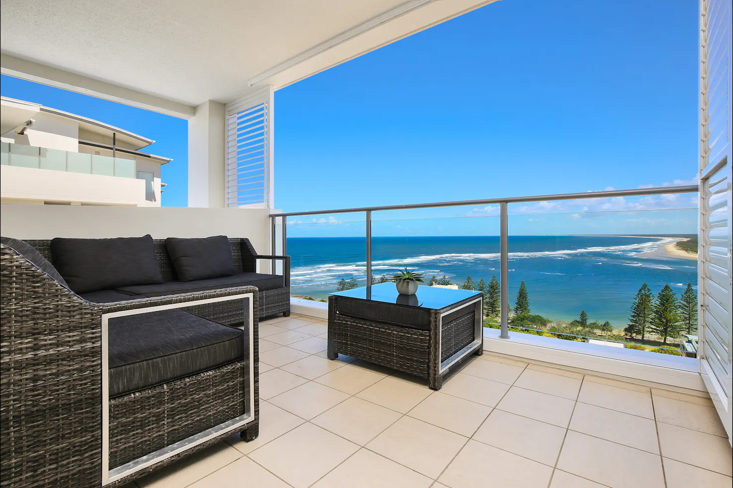 Balcony  view from Tower one  penthouse. Bulcock Beach and Bribie Island Coastline.