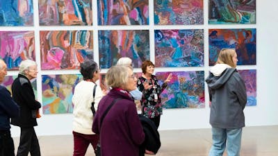 our group in front of Emily Kam Kngwarray's colourful paintings
