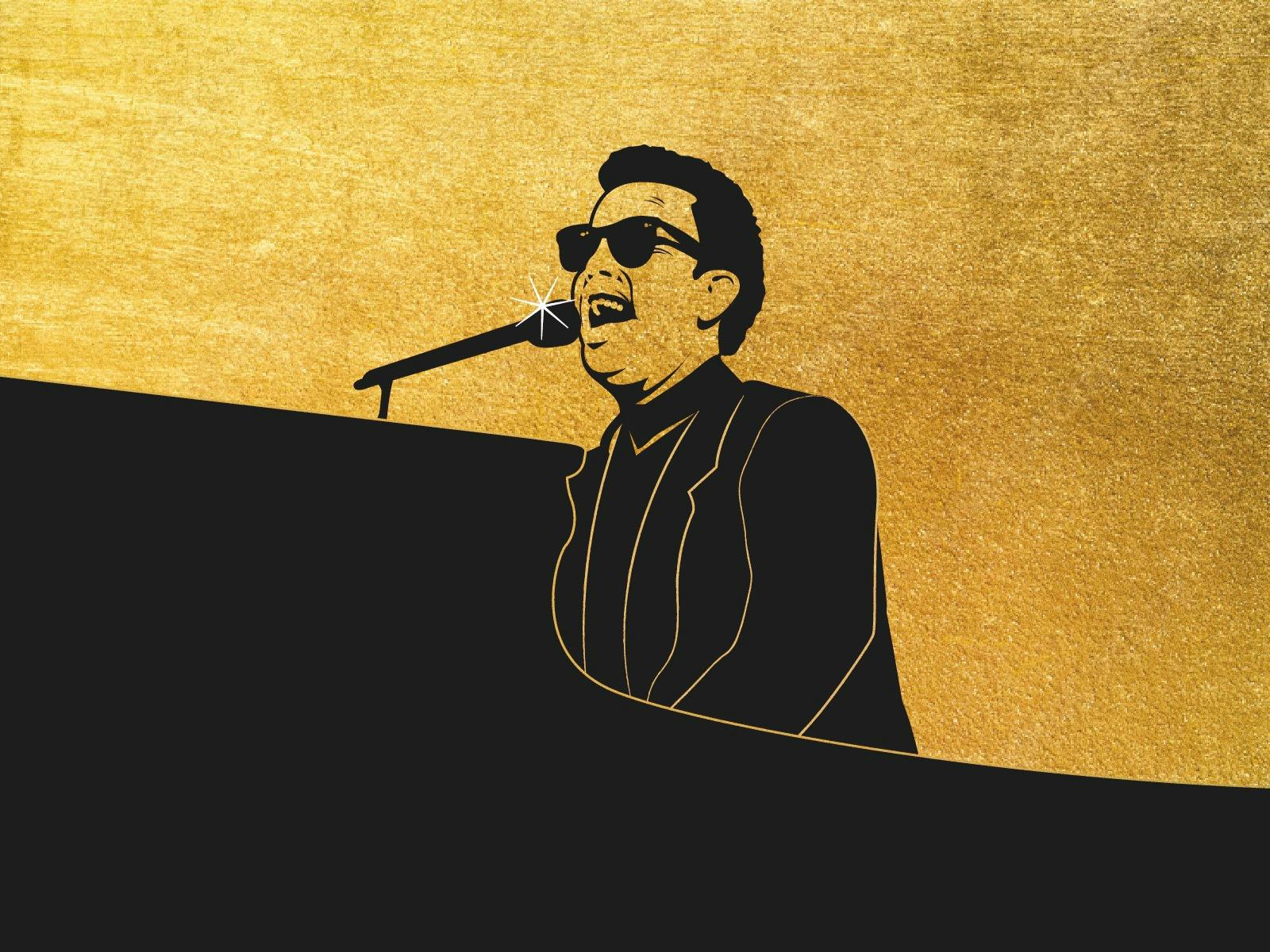 An illustration of Billy Joel playing at the piano with a gold foil background
