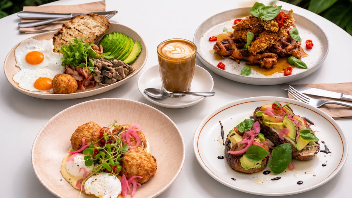 The cafe menu. Avocado toast, potato hash, the hills breakfast and chicken waffles