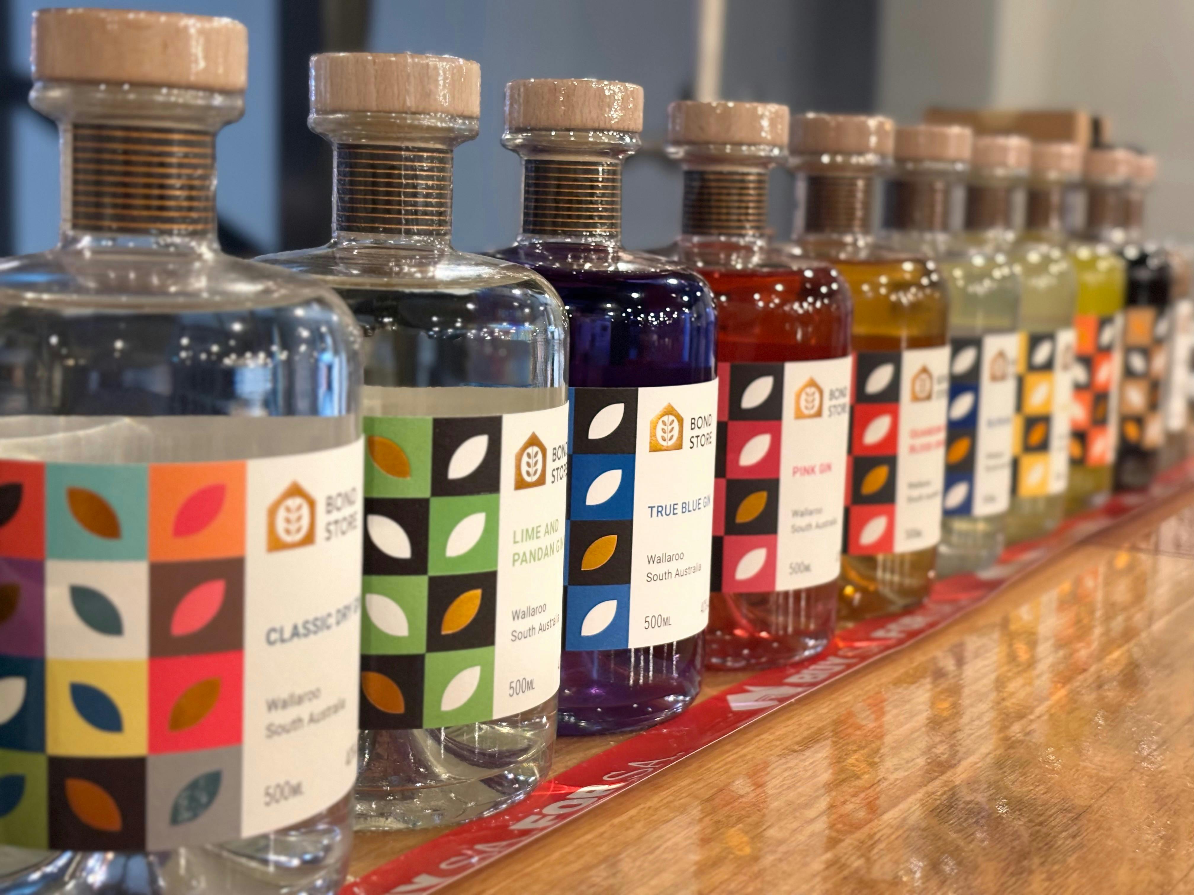 Bottles in line on a bench