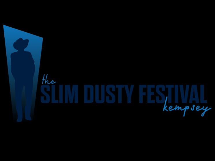 A silhouette of Slim Dusty standing  in a door-way witht he words Slim Dusty Festival, Kemspey