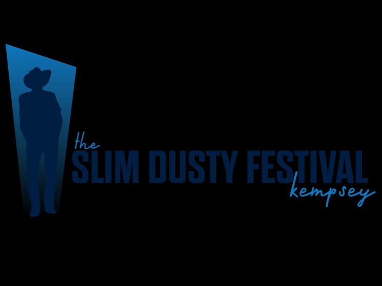 A silhouette of Slim Dusty standing in a door-way witht he words Slim Dusty Festival, Kemspey