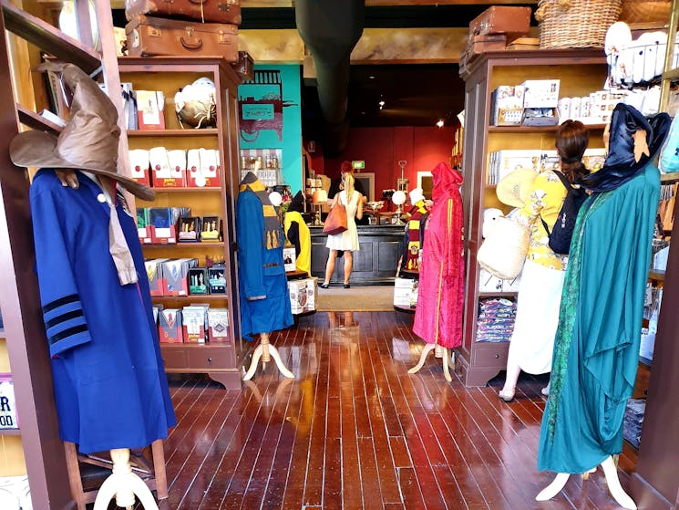 Photo from inside the front door showing mannequins dressed in Harry Potter costumes