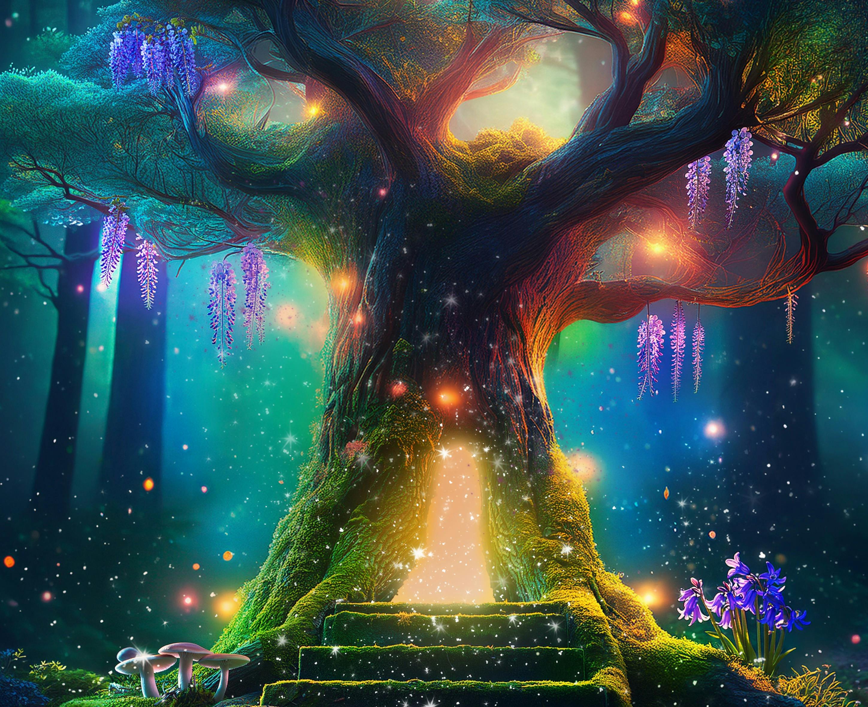 A tree in a forest filled with magical lights