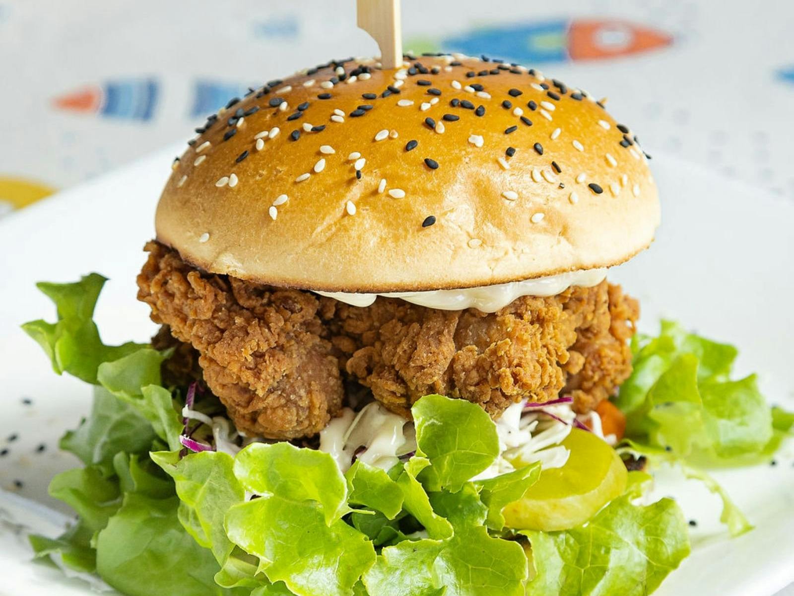 Chicken burger with karaage chicken and lettuce