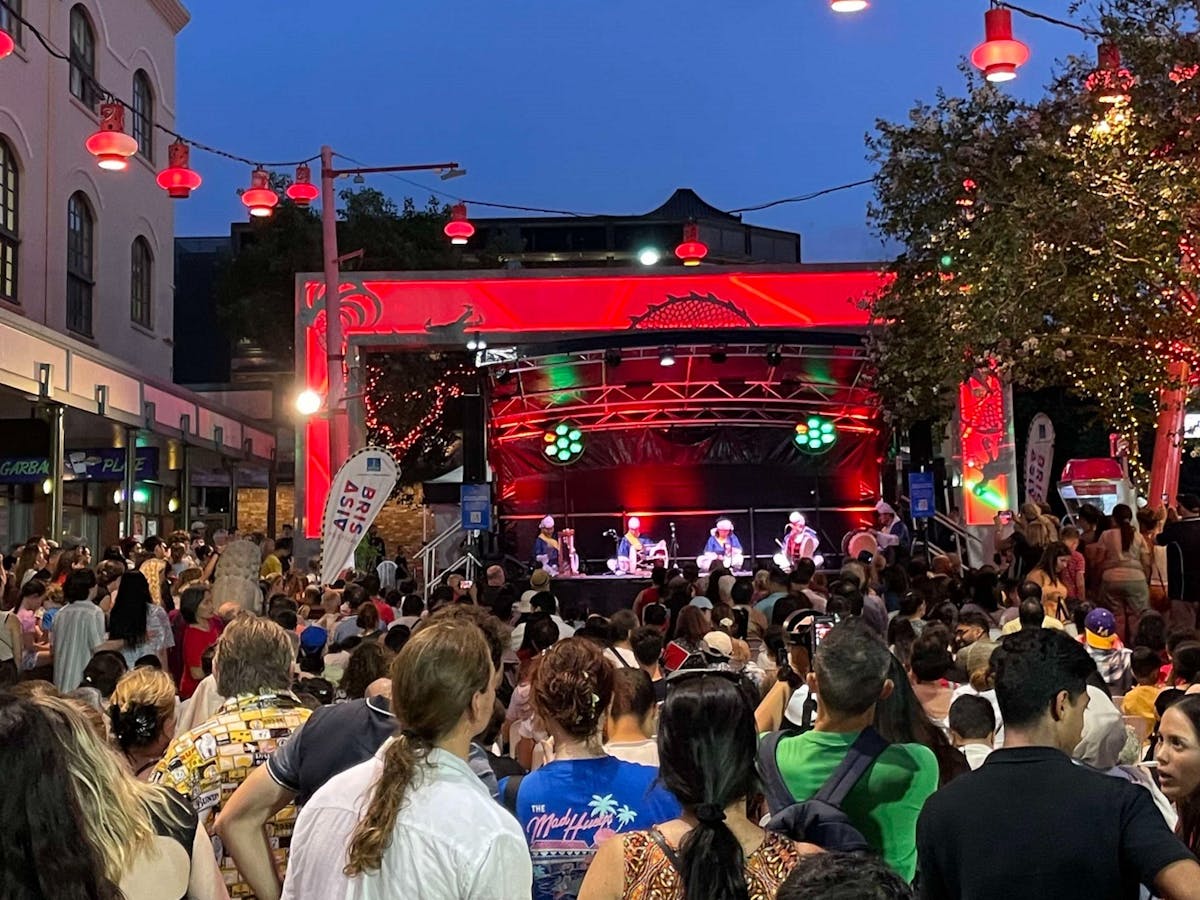 Crowd  in front of stage in Chinatown Mall