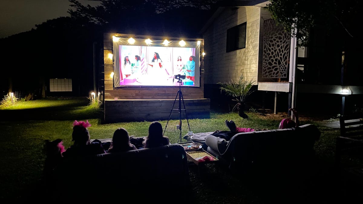 Brumbies Hollow Outdoor cinema screen showing comfy lounges outside