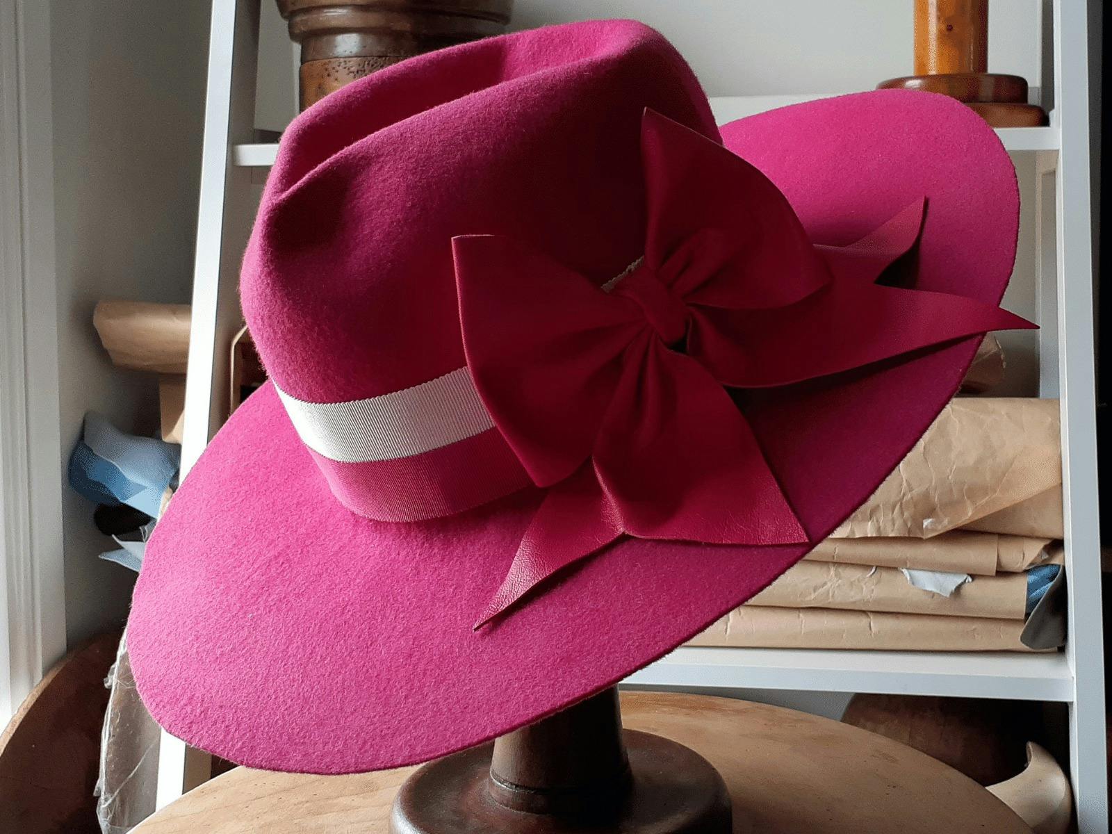 Fuschia Pink Fedora Hat with Leather bow trim Julie Herbert Millinery