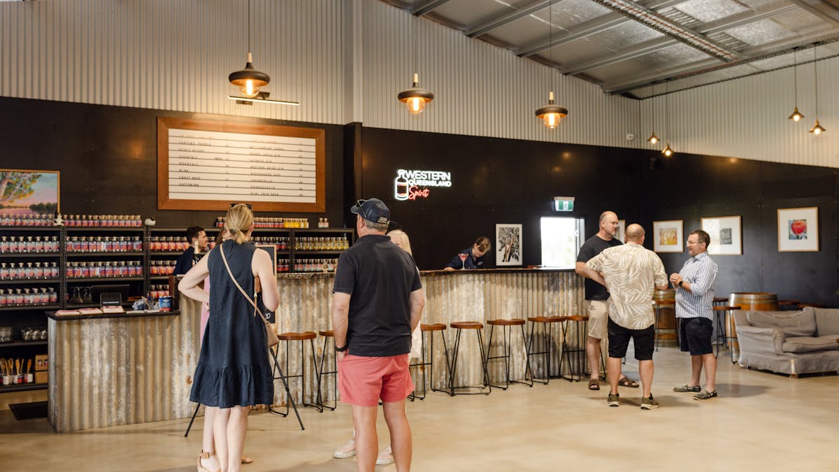 Guests gather inside the Western Queensland Spirit cellar door