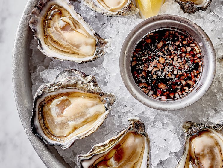 Raw shucked oysters on ice with pink mignonette dressing