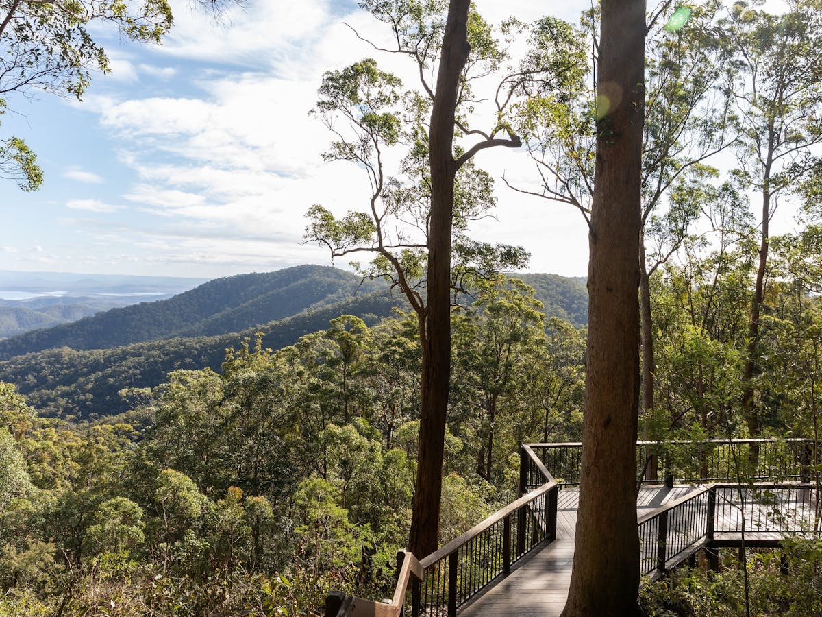 Pathway leading to a lookout across mountain ranges.