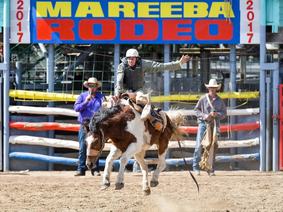 A male rider on a horse at the Mareeba Rodeo in Mareeba, Far North Queensland.