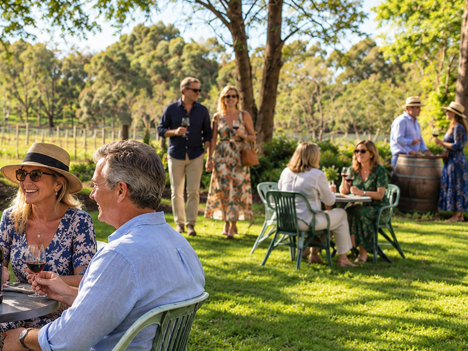 People seated and standing in a sunny garden at Magpie Springs Winery, holding glasses of red wine a