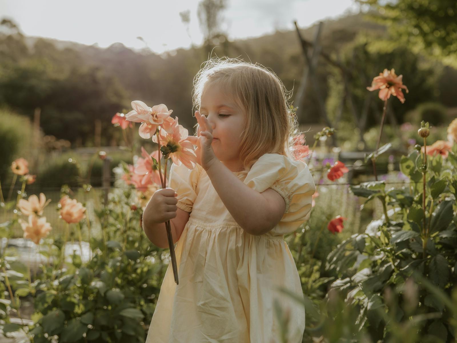 A young girl in a yellow dress holds and smells a pink flower, surrounded by various flowers.