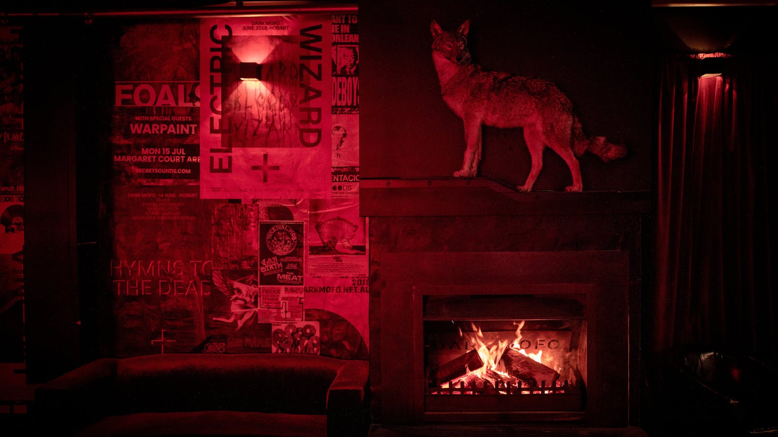 Altar's taxidermy coyote mascot stands above the open fire in the lounge bar