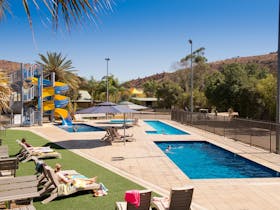 heated pools including a lap pool and toddlers pool, plus a 34 metre water slide for hours of fun