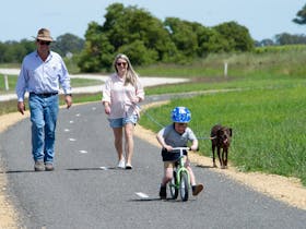 Family walk along the Coonawarra Walking Trail with bikes and dogs