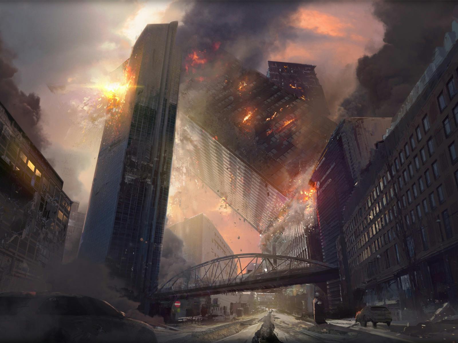Image of a world on fire with buildings falling and explosions