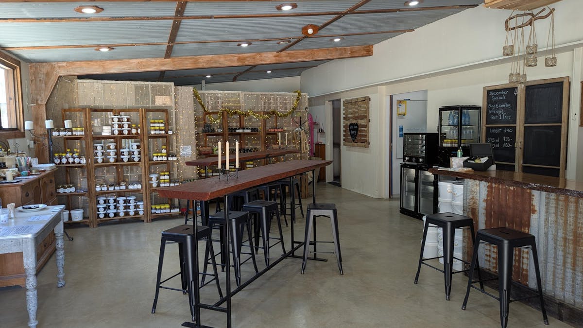 Image shows inside Mount Stirling Meadery's  cellar door,  seating area and bar