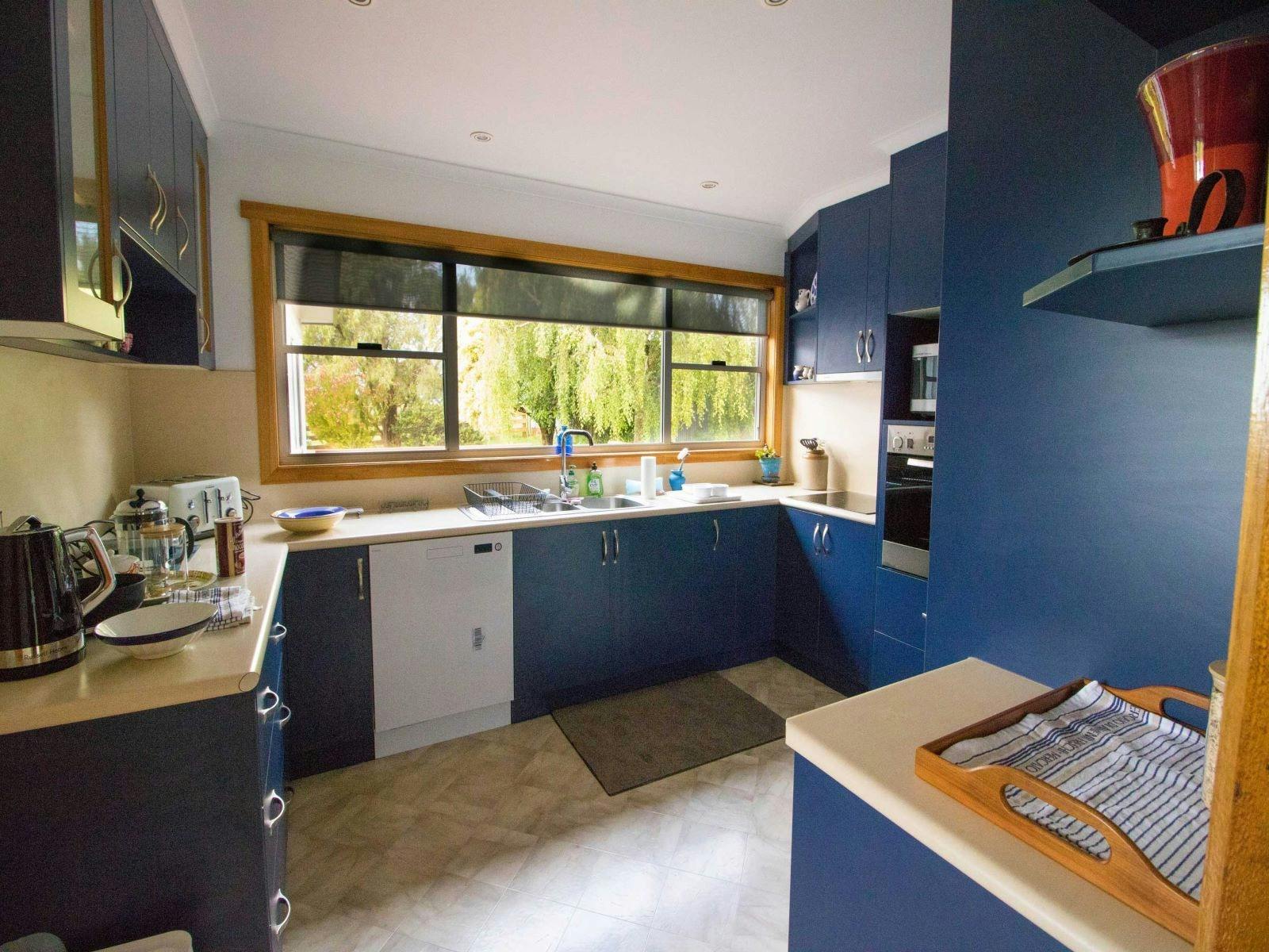 Spacious blue kitchen with oven and kettle